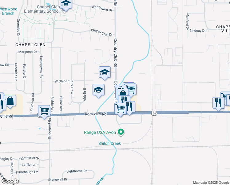 map of restaurants, bars, coffee shops, grocery stores, and more near 268 Country Club Road in Indianapolis