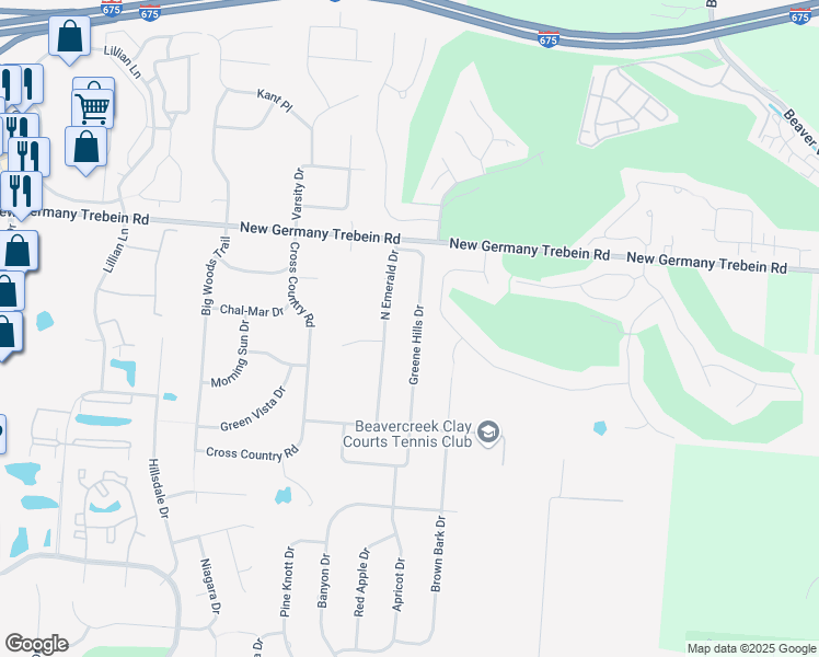 map of restaurants, bars, coffee shops, grocery stores, and more near 2654 Greene Hills Drive in Dayton