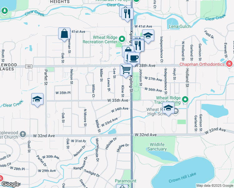 map of restaurants, bars, coffee shops, grocery stores, and more near 3555 Kline Street in Wheat Ridge