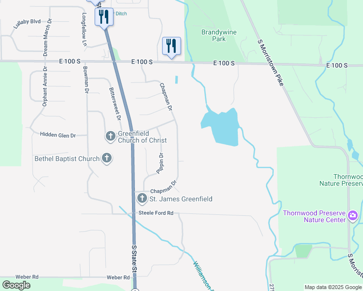 map of restaurants, bars, coffee shops, grocery stores, and more near 1513 Chapman Drive in Greenfield