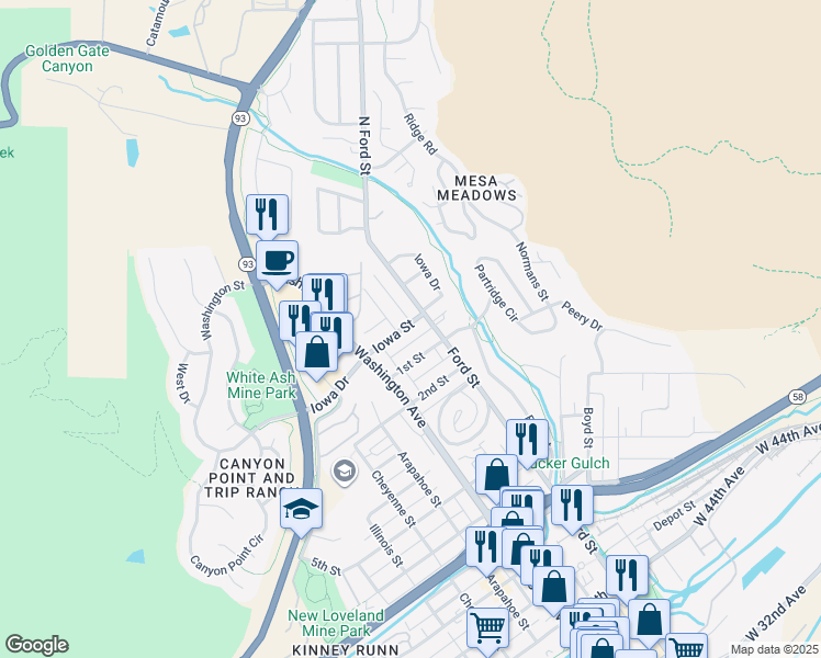 map of restaurants, bars, coffee shops, grocery stores, and more near 615 Iowa Street in Golden