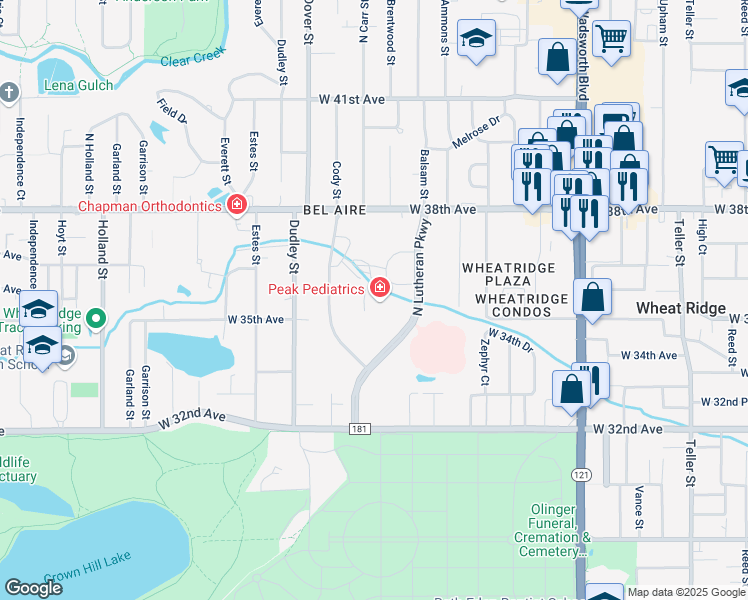 map of restaurants, bars, coffee shops, grocery stores, and more near 3555 North Lutheran Parkway in Wheat Ridge