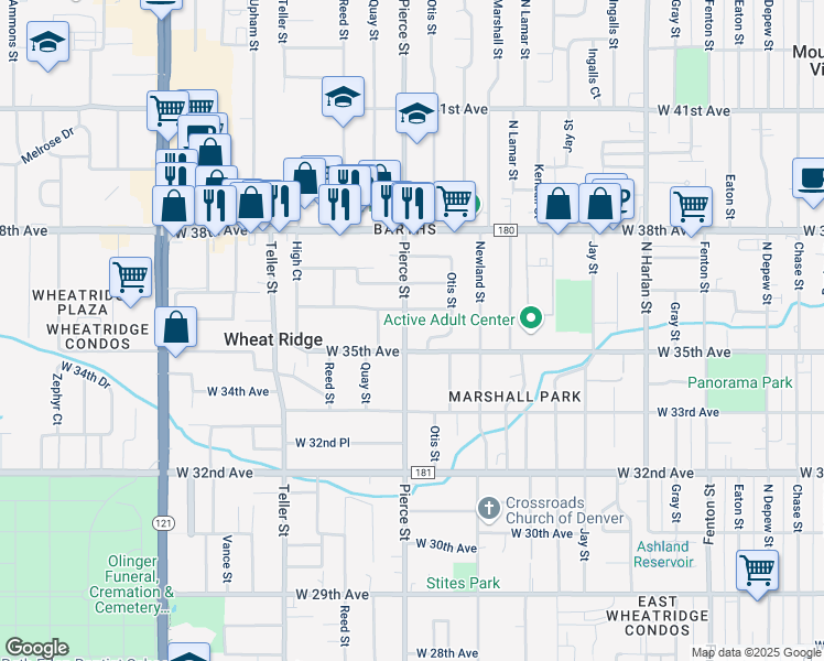 map of restaurants, bars, coffee shops, grocery stores, and more near 3520 Pierce Street in Wheat Ridge