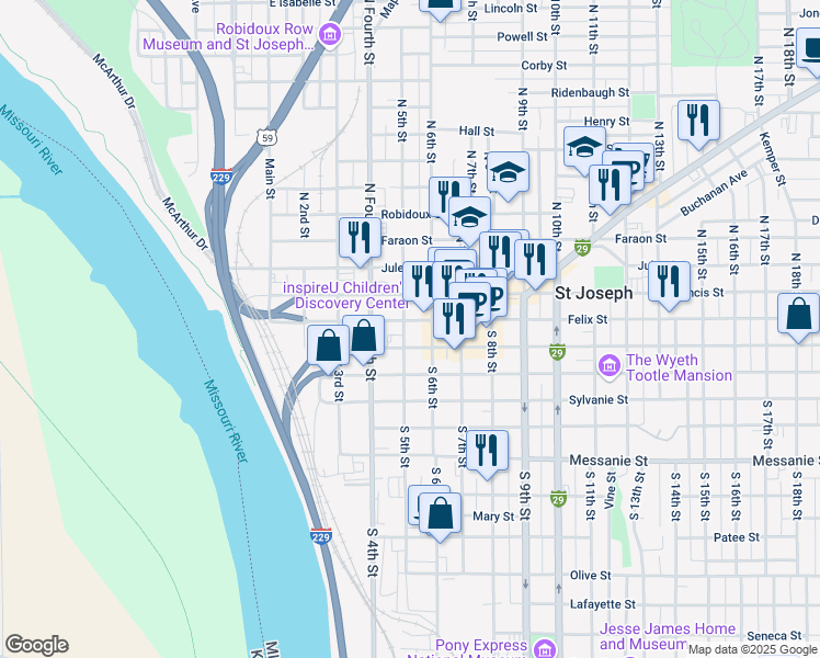 map of restaurants, bars, coffee shops, grocery stores, and more near 502 Felix Street in Saint Joseph