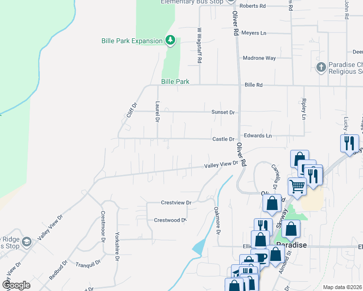 map of restaurants, bars, coffee shops, grocery stores, and more near 538 Castle Drive in Paradise