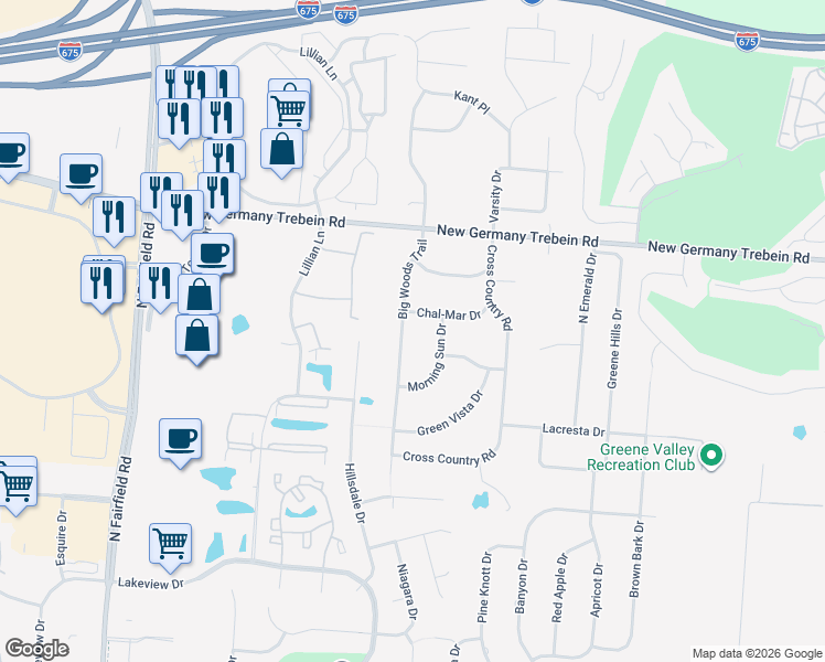 map of restaurants, bars, coffee shops, grocery stores, and more near 2648 Big Woods Trail in Dayton