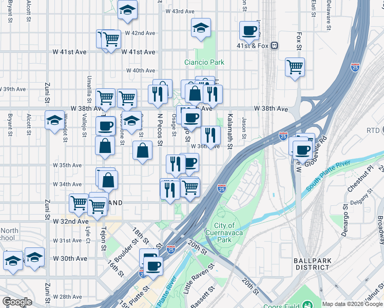 map of restaurants, bars, coffee shops, grocery stores, and more near in Denver