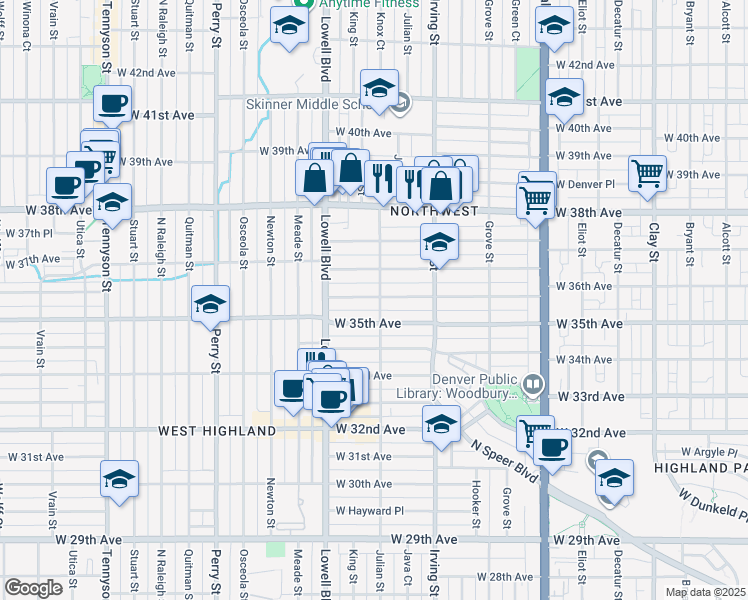 map of restaurants, bars, coffee shops, grocery stores, and more near 3410 West 36th Avenue in Denver