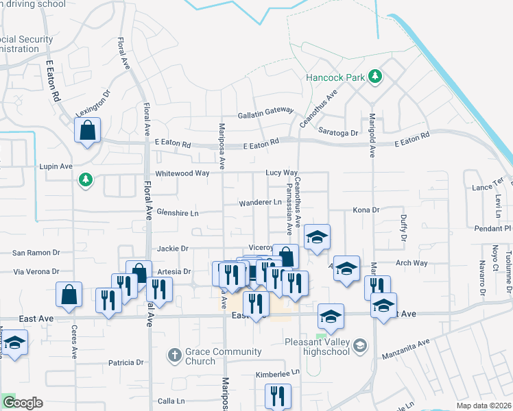map of restaurants, bars, coffee shops, grocery stores, and more near 2790 Swallowtail Way in Chico