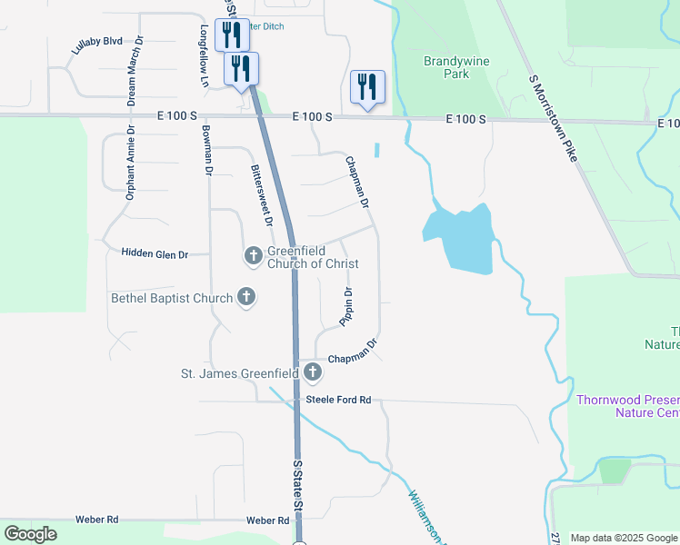 map of restaurants, bars, coffee shops, grocery stores, and more near 1510 Pippin Drive in Greenfield