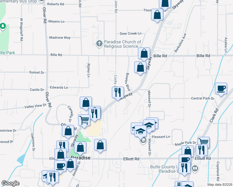 map of restaurants, bars, coffee shops, grocery stores, and more near 6154 Lucky John Road in Paradise