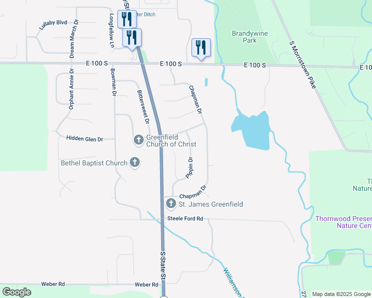 map of restaurants, bars, coffee shops, grocery stores, and more near 1510 Pippin Dr in Greenfield