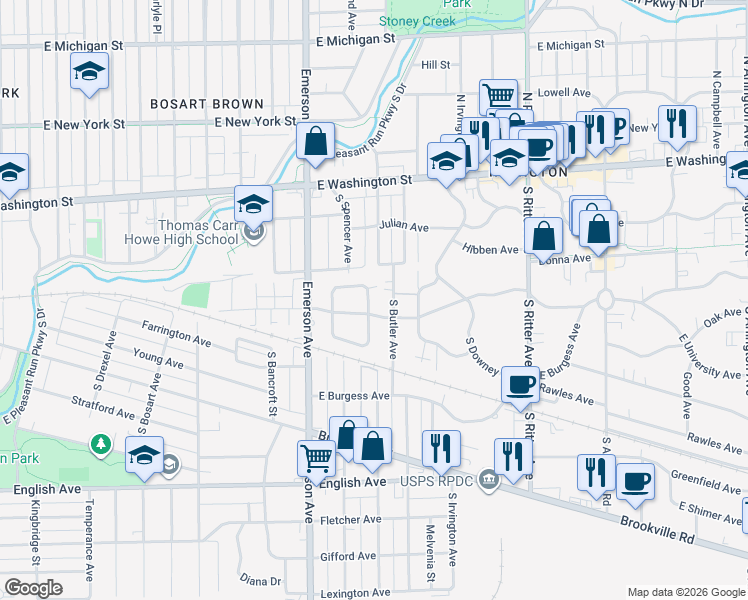map of restaurants, bars, coffee shops, grocery stores, and more near 5157 Atherton North Drive in Indianapolis