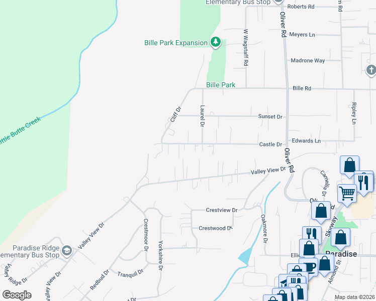 map of restaurants, bars, coffee shops, grocery stores, and more near 6082 McKinney Lane in Paradise