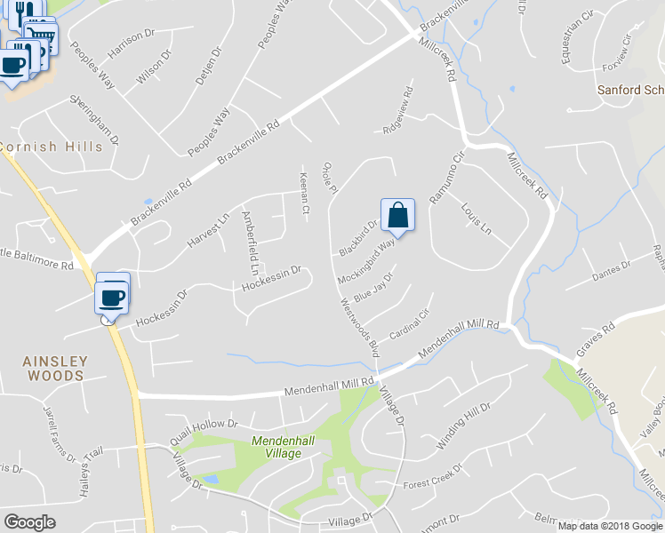 map of restaurants, bars, coffee shops, grocery stores, and more near 38 Westwoods Boulevard in Hockessin