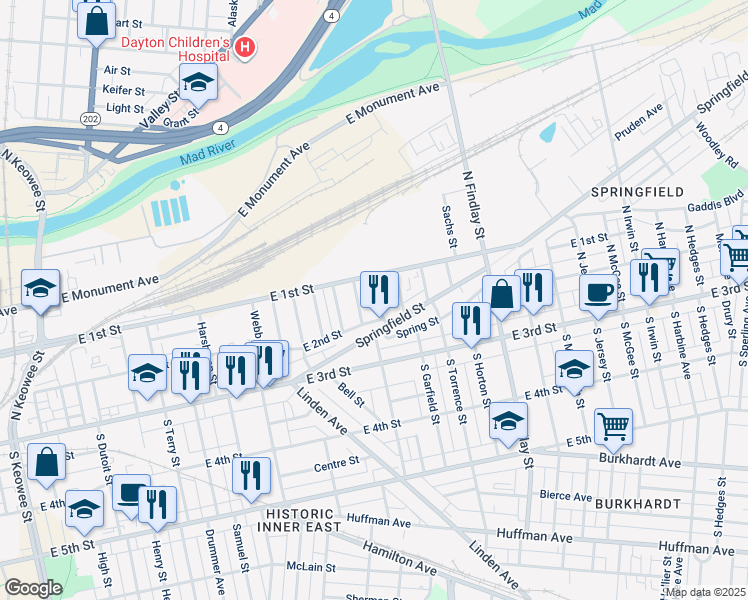 map of restaurants, bars, coffee shops, grocery stores, and more near 127 North Garfield Street in Dayton