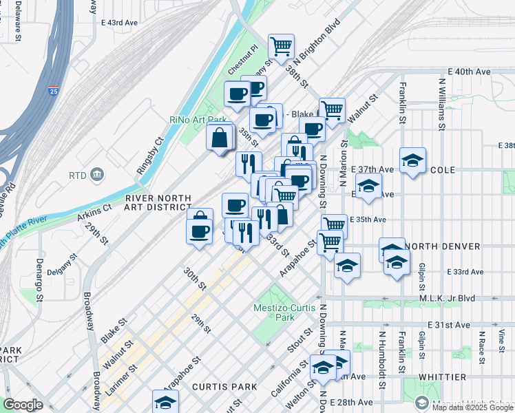 map of restaurants, bars, coffee shops, grocery stores, and more near 3321 Walnut Street in Denver