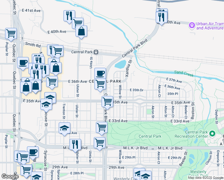 map of restaurants, bars, coffee shops, grocery stores, and more near 8501 East 35th Drive in Denver