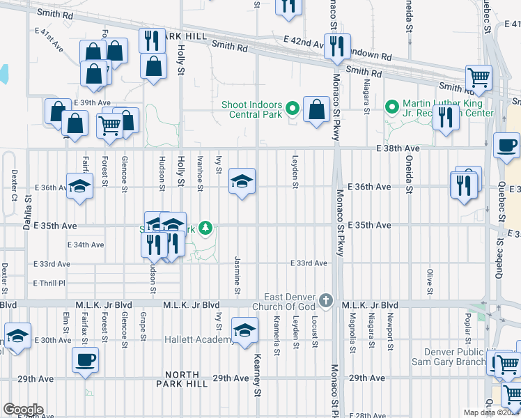 map of restaurants, bars, coffee shops, grocery stores, and more near 3540 Kearney Street in Denver