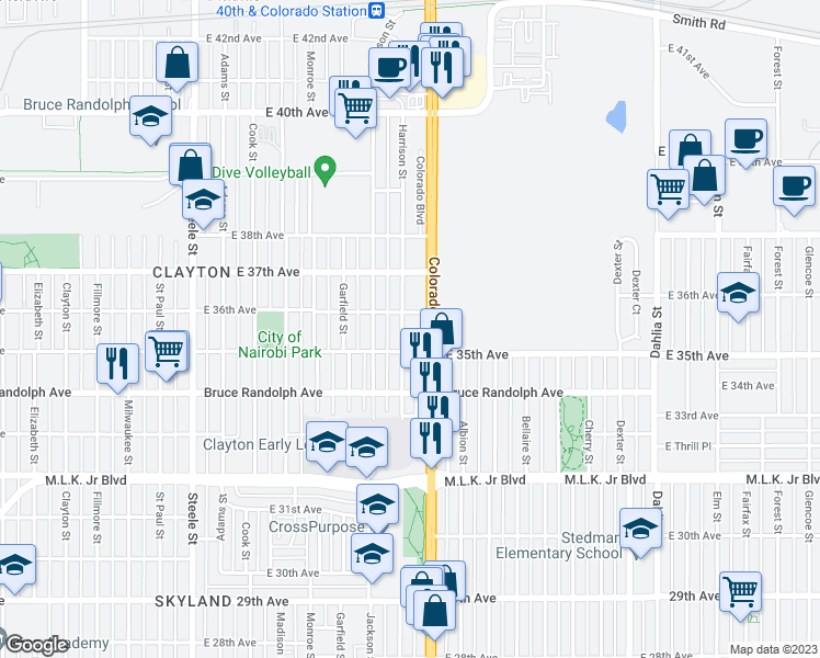 map of restaurants, bars, coffee shops, grocery stores, and more near 3546 Harrison Street in Denver