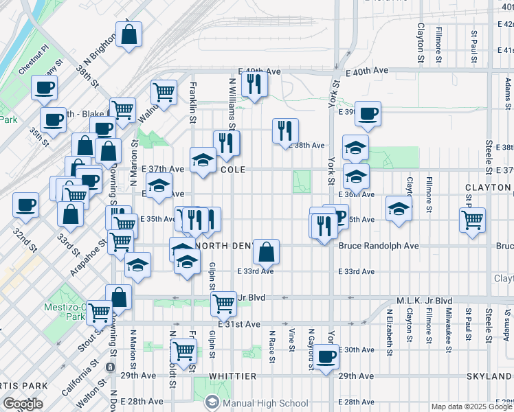 map of restaurants, bars, coffee shops, grocery stores, and more near 3535 Race Street in Denver
