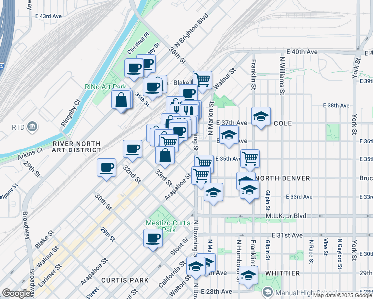 map of restaurants, bars, coffee shops, grocery stores, and more near 1220 35th Street in Denver