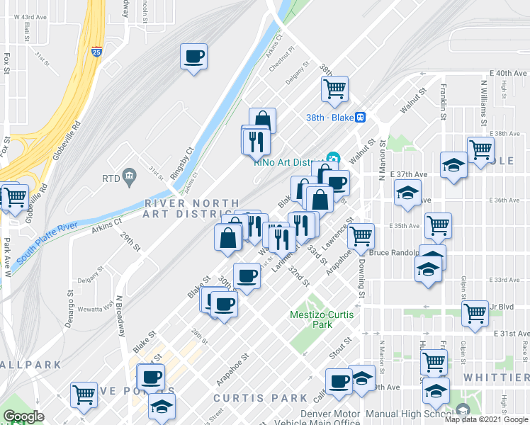map of restaurants, bars, coffee shops, grocery stores, and more near 3295 Blake Street in Denver