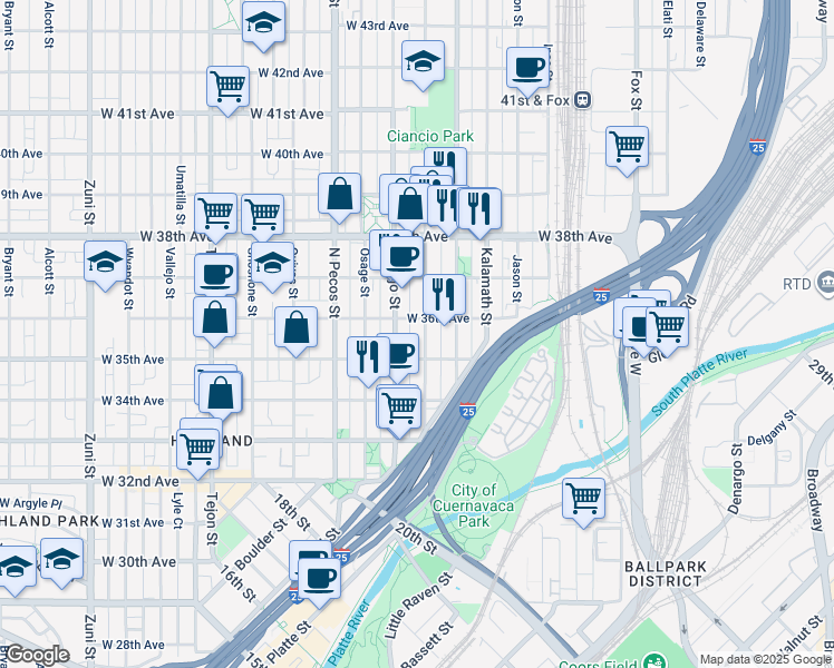 map of restaurants, bars, coffee shops, grocery stores, and more near 3543 Mariposa Street in Denver