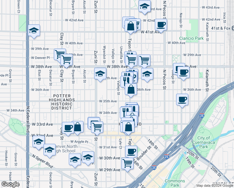 map of restaurants, bars, coffee shops, grocery stores, and more near 2232 West 36th Avenue in Denver