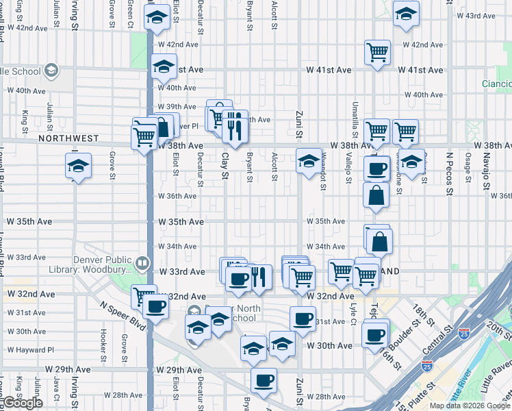 map of restaurants, bars, coffee shops, grocery stores, and more near 2526 West 36th Avenue in Denver