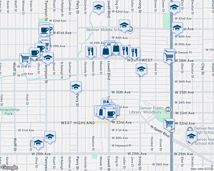 map of restaurants, bars, coffee shops, grocery stores, and more near 3550 West 38th Avenue in Denver