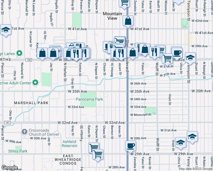 map of restaurants, bars, coffee shops, grocery stores, and more near 3555 Chase Street in Wheat Ridge