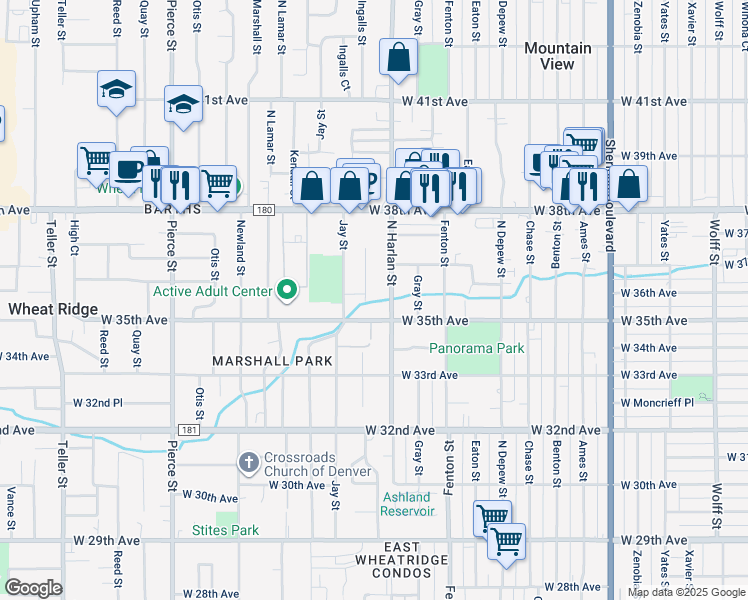 map of restaurants, bars, coffee shops, grocery stores, and more near 3655 North Harlan Street in Wheat Ridge
