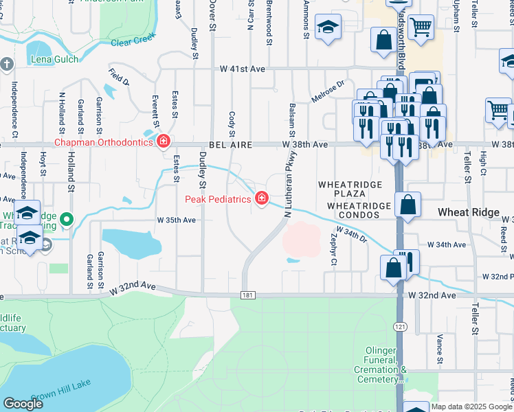 map of restaurants, bars, coffee shops, grocery stores, and more near 3555 North Lutheran Parkway in Wheat Ridge