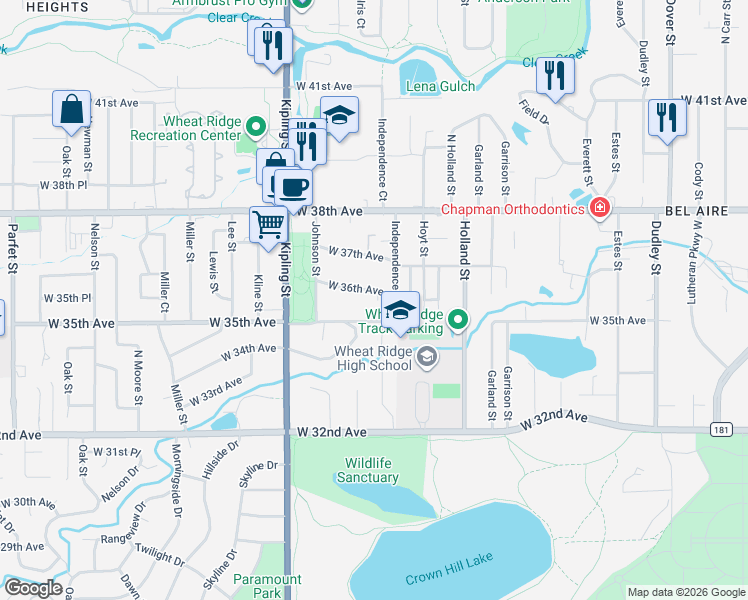 map of restaurants, bars, coffee shops, grocery stores, and more near 9720 West 36th Avenue in Wheat Ridge