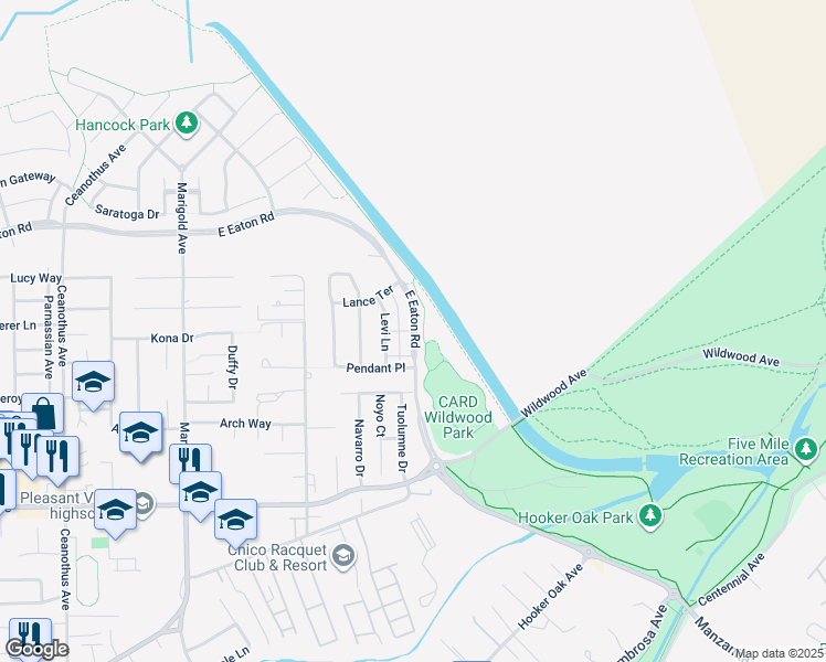 map of restaurants, bars, coffee shops, grocery stores, and more near 3491 East Eaton Road in Chico