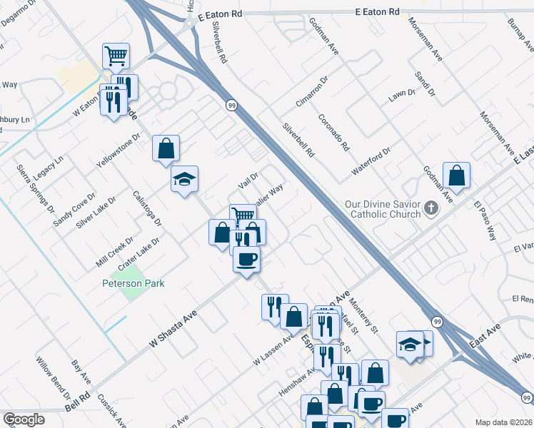 map of restaurants, bars, coffee shops, grocery stores, and more near 3035 Monticello Lane in Chico