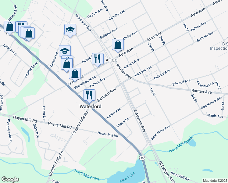 map of restaurants, bars, coffee shops, grocery stores, and more near 2148 Bartram Avenue in Atco
