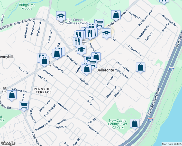 map of restaurants, bars, coffee shops, grocery stores, and more near 906 Brandywine Boulevard in Wilmington