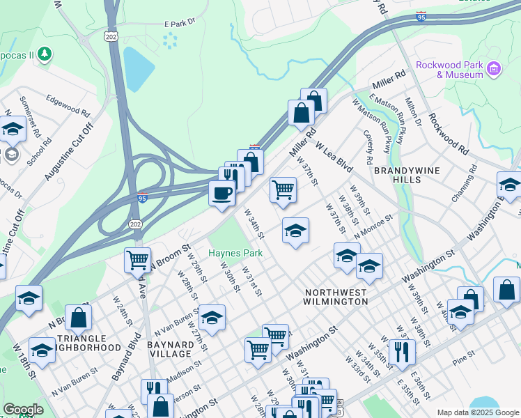 map of restaurants, bars, coffee shops, grocery stores, and more near 3400 Miller Road in Wilmington