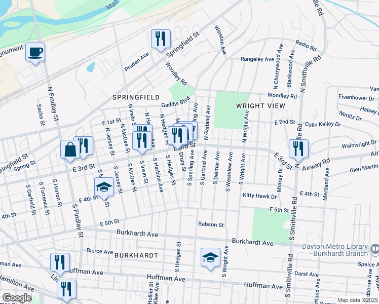 map of restaurants, bars, coffee shops, grocery stores, and more near 3420 East 3rd Street in Dayton