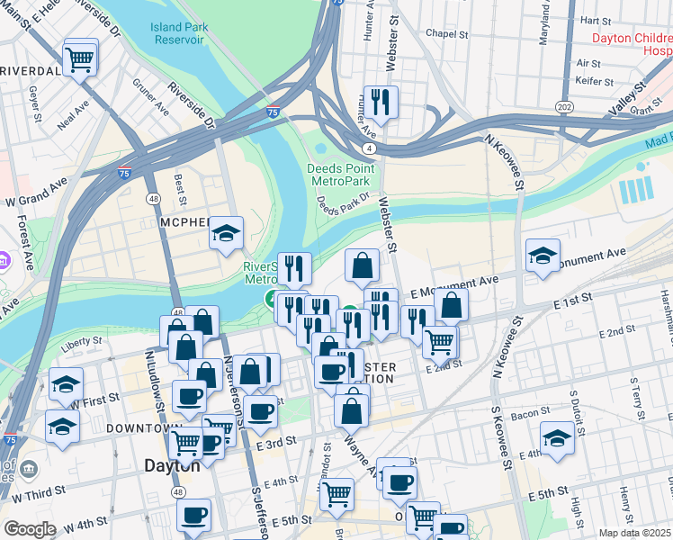 map of restaurants, bars, coffee shops, grocery stores, and more near 427 Water Street in Dayton