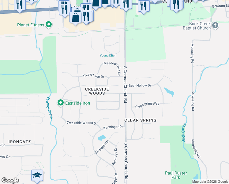 map of restaurants, bars, coffee shops, grocery stores, and more near 10916 Spring Green Drive in Indianapolis