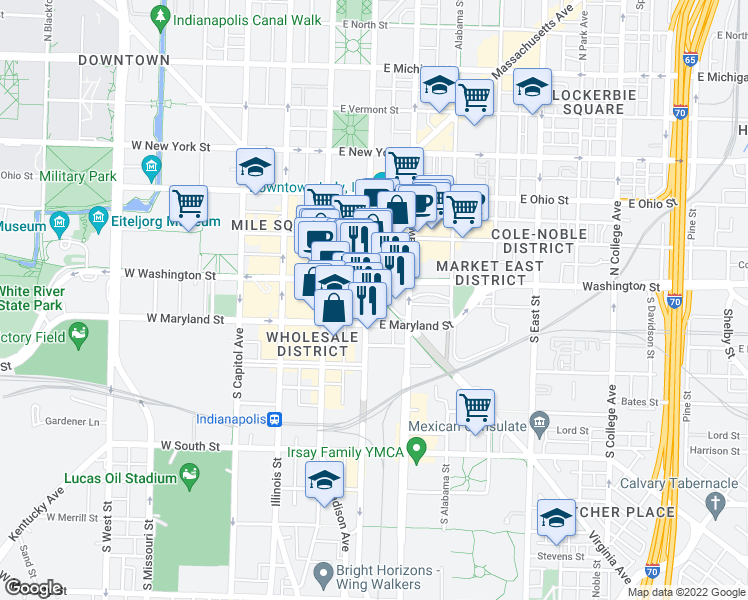 map of restaurants, bars, coffee shops, grocery stores, and more near 76 Virginia Avenue in Indianapolis