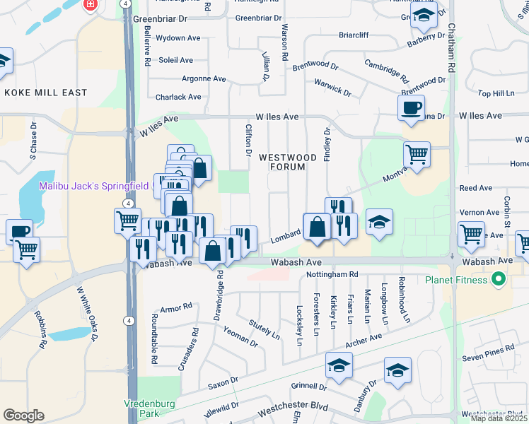 map of restaurants, bars, coffee shops, grocery stores, and more near 2901-3099 Bennington Dr in Springfield