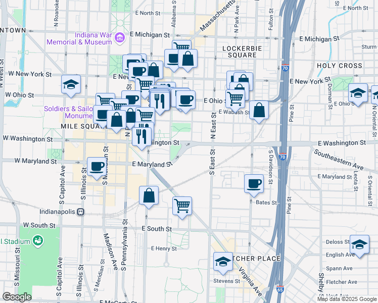 map of restaurants, bars, coffee shops, grocery stores, and more near 8 South New Jersey Street in Indianapolis