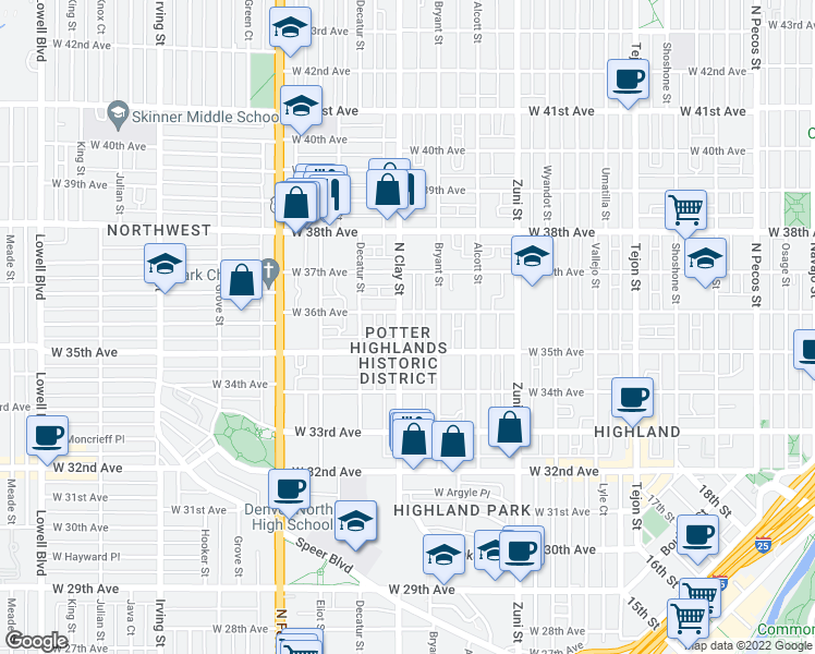 map of restaurants, bars, coffee shops, grocery stores, and more near 3536 Clay Street in Denver