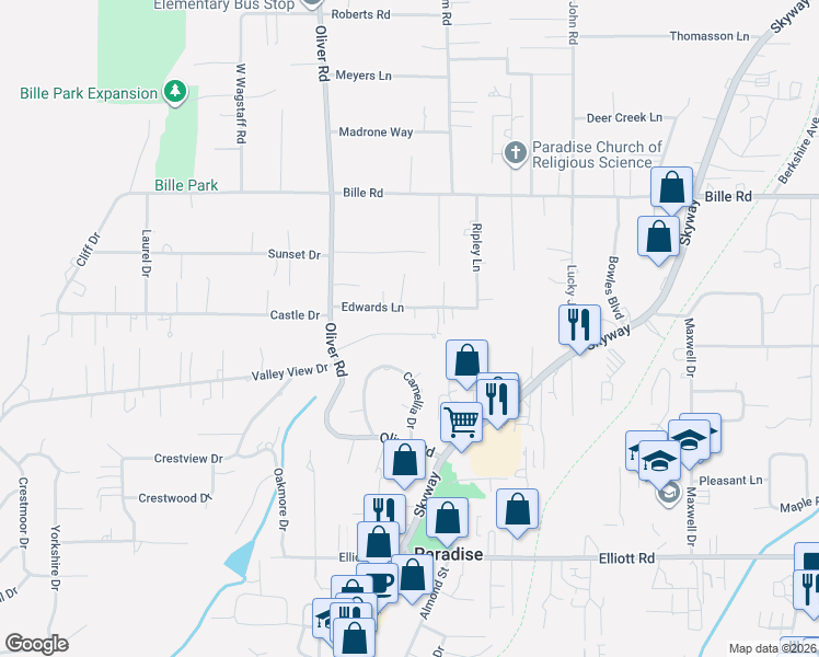 map of restaurants, bars, coffee shops, grocery stores, and more near 726 Edwards Lane in Paradise