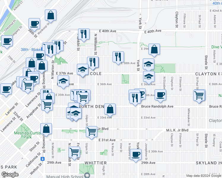 map of restaurants, bars, coffee shops, grocery stores, and more near 3535 Race Street in Denver