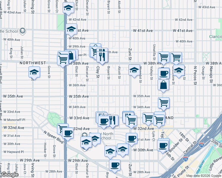 map of restaurants, bars, coffee shops, grocery stores, and more near 2526 West 36th Avenue in Denver